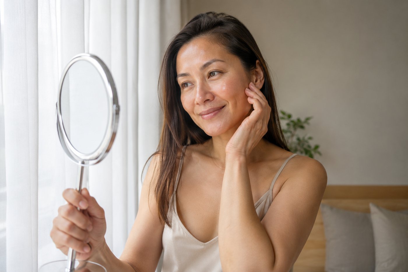 Woman looking at her skin in a handheld mirror by a window