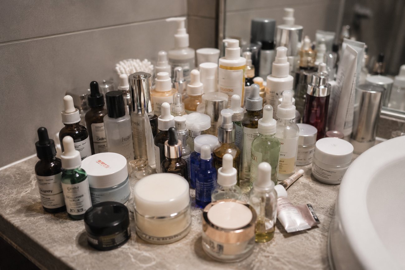 A cluttered vanity crowded with half-used serum bottles