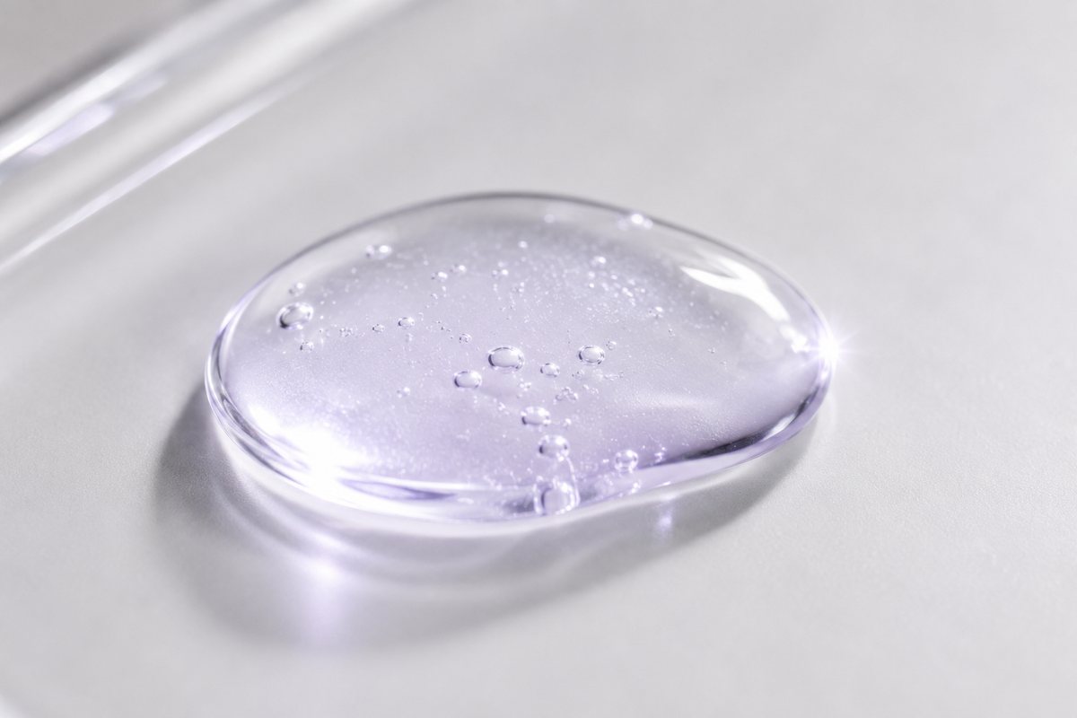 Macro of the lightweight violet-tinted serum texture
